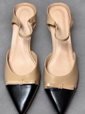 Beige and Black Pointed Toe Slingback Heels with Slim Heel